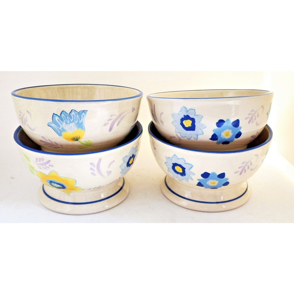 BOWLS-KIMBERLY HODGES-Hallmark-Cereal/Soup/Noodle-Blue-Light Cream-Footed-Set 4 - Picture 1 of 12